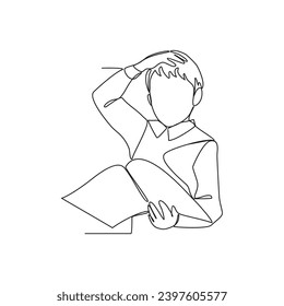 One continuous line drawing of a child is reading a book at school vector illustration. Education illustration simple linear style vector concept. Education design for your business asset design.