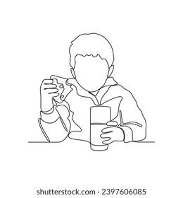 One continuous line drawing of a child is eating at his house vector illustration. Children activity illustration simple linear style vector concept. Education design for your business asset design.
