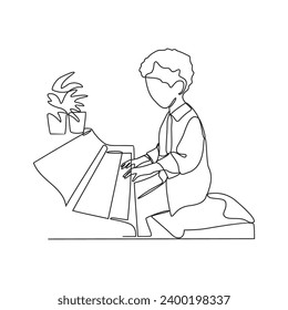One continuous line drawing of a child is playing the piano in his house vector illustration. Music activity design illustration simple linear style vector concept. Playing piano design illustration