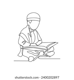 One continuous line drawing of a child is reading the Qur'an in the mosque vector illustration. Religious activity design illustration simple linear style vector concept. reading the Qur'an design