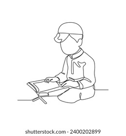 One continuous line drawing of a child is reading the Qur'an in the mosque vector illustration. Religious activity design illustration simple linear style vector concept. reading the Qur'an design
