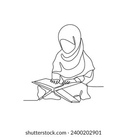 One continuous line drawing of a child is reading the Qur'an in the mosque vector illustration. Religious activity design illustration simple linear style vector concept. reading the Qur'an design