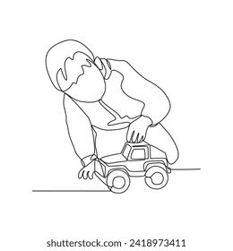 One continuous line drawing of a child is playing with his toys in the house vector illustration. child playing toy activity illustration in simple linear style vector concept. suitable for your asset