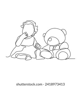 One continuous line drawing of a child is playing with his toys in the house vector illustration. child playing toy activity illustration in simple linear style vector concept. suitable for your asset
