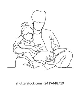 One continuous line drawing of a child is playing and learning with his father in their house vector illustration. Child and Dad study activity illustration in simple linear style vector concept.