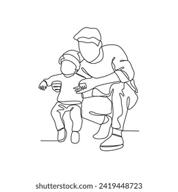 Un dibujo de línea continua de un niño está jugando y aprendiendo con su padre en la ilustración del vector de su casa. Ilustración de actividad de estudio de niños y padres en concepto de vector de estilo lineal simple.
