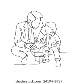 One continuous line drawing of a child is playing and learning with his father in their house vector illustration. Child and Dad study activity illustration in simple linear style vector concept.
