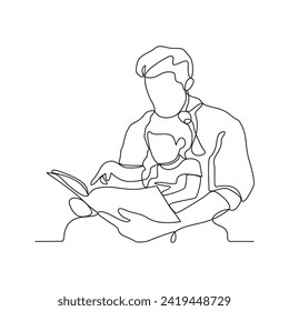 One continuous line drawing of a child is playing and learning with his father in their house vector illustration. Child and Dad study activity illustration in simple linear style vector concept.