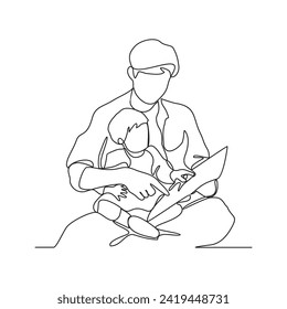 Un dibujo de línea continua de un niño está jugando y aprendiendo con su padre en la ilustración del vector de su casa. Ilustración de actividad de estudio de niños y padres en concepto de vector de estilo lineal simple.