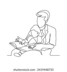 One continuous line drawing of a child is playing and learning with his father in their house vector illustration. Child and Dad study activity illustration in simple linear style vector concept.