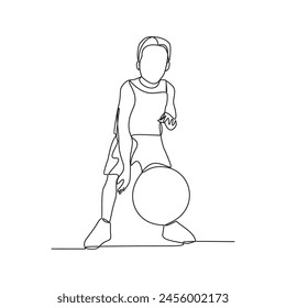 One continuous line drawing of a child playing basketball vector illustration. The child dribbling the ball, passing the ball, and shooting the ball at the hoop. Basketball design concept illustration