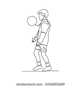 One continuous line drawing of a child playing football vector illustration. The child dribbling the ball, passing the ball, and shooting the ball to the goal. Football design concept illustration