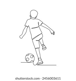 One continuous line drawing of a child playing football vector illustration. The child dribbling the ball, passing the ball, and shooting the ball to the goal. Football design concept illustration