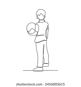 One continuous line drawing of a child playing football vector illustration. The child dribbling the ball, passing the ball, and shooting the ball to the goal. Football design concept illustration