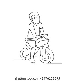 One continuous line drawing of a child is playing with toy motorcycle in the house vector illustration. Children playing activity in simple linear style design concept. Toys technology for children.