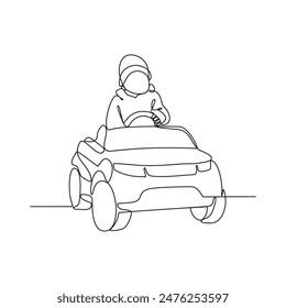 Una línea continua de dibujo de un niño está jugando con coches de juguete en la Ilustración vectorial de la casa.  Niños jugando actividad en el concepto de diseño de Vector de estilo lineal simple. Tecnología de juguetes para niños.
