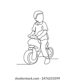 One continuous line drawing of a child is playing with toy motorcycle in the house vector illustration. Children playing activity in simple linear style design concept. Toys technology for children.