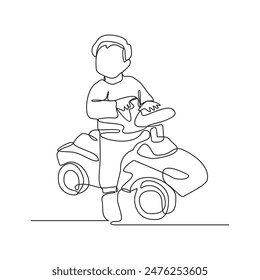 Eine durchgehende Strichzeichnung eines Kindes spielt mit Spielzeugautos in der Vektorillustration.  Kinder spielen Aktivität im einfachen linearen Stil Vektorgrafik Design Konzept. Spielzeugtechnik für Kinder.