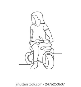 One continuous line drawing of a child is playing with toy motorcycle in the house vector illustration. Children playing activity in simple linear style design concept. Toys technology for children.