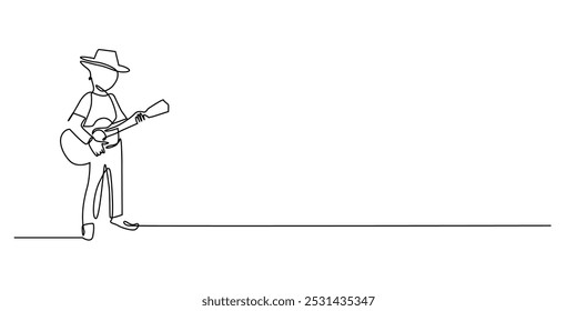 one continuous line drawing of a child playing an acoustic guitar.one line drawing of a boy with a talent for playing music.single line vector illustration.isolated on white background