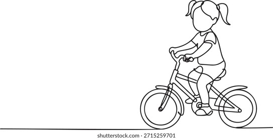 Un dibujo de línea continua de bicicleta para niños en actividad deportiva. Dibujo de Vector de una sola línea de la bici de montar de la niña linda. Diseño de diseño de diseño de bicicleta para niños para el ejercicio divertido y el ocio. Línea negra continua sobre fondo transparente.