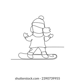 One continuous line drawing of children playing snow board vector illustration. Sport children illustration simple linear style vector concept.  children playing snow board design illustration.