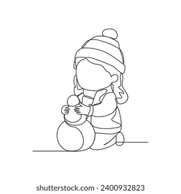 One continuous line drawing of Children are making snowmen in front of the house vector illustration. winter activity illustration simple linear style vector concept. Winter concept design asset.