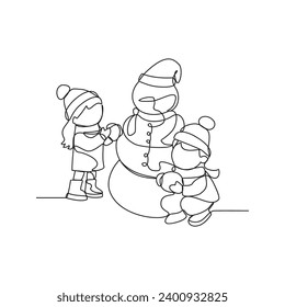 One continuous line drawing of Children are making snowmen in front of the house vector illustration. winter activity illustration simple linear style vector concept. Winter concept design asset.