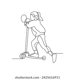 Una línea continua de dibujo de los niños jugando scooter en la ilustración vectorial del parque. Los scooters de ilustración son un transporte alternativo con un diseño de concepto de vector de estilo lineal simple.