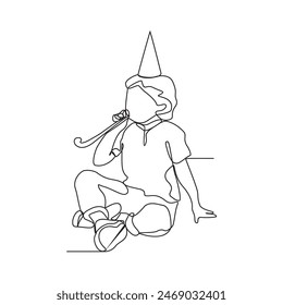 Eine durchgehende Strichzeichnung der Vektorillustration der Kindergeburtstagsparty. Kindergeburtstagsfeiern sind ein Wirbelwind der Freude und Aufregung, bei denen das Lachen durch die Luft schallt und lächelt.