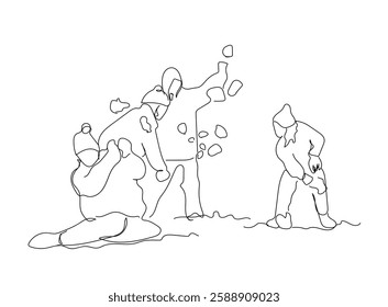 One continuous line drawing of 
 children play snowball fight winter game in the mountains throwing snow and wearing ski outfit. Hand made vector not Al