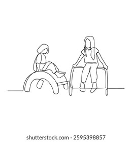 One continuous line drawing of children playing  in the playground park vector illustration. Games themes design concept in simple linear continuous line. Game themes design is suitable for your asset