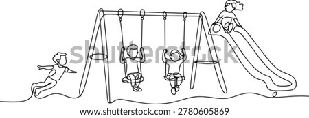 One continuous line drawing of children playing in the playground park vector illustration. Games themes design concept. one line Icon drawing
