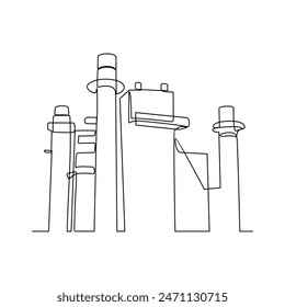 Eine durchgehende Linienzeichnung von Schornstein, Gasturbinengenerator und Wärmerückgewinnungsdampfgenerator in der Kraftwerksindustrie in einfacher linearer Vektorillustration. Konzeption der Vektorgrafik von Kraftwerken. 