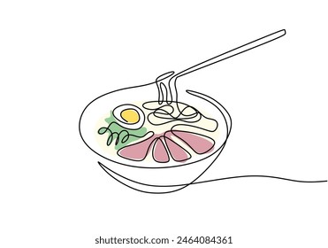 one continuous line drawing of chopsticks on ramen or chicken noddle with egg in big mug isolated on white background. Table manner and food concept vector illustration.