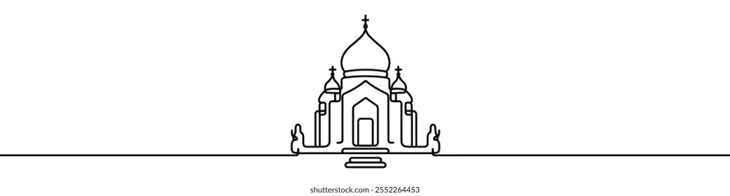 Um desenho de linha contínua de uma igreja cristã ortodoxa edifício exterior