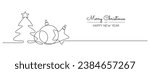 One continuous line drawing of Christmas greeting card. Festive balls and christmas tree with star for winter banner in simple linear style. Xmas decor in editable stroke. Doodle vector illustration