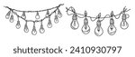 One continuous line drawing of Christmas garland with light bulbs. Outline of isolated on white background. Monochrome vector illustration.