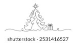 One continuous line drawing of Christmas tree with star on top. Festive pine plant and gift box in simple linear style.Editable stroke. Doodle monoline vector illustration