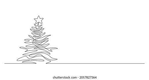One continuous line drawing of Christmas tree with star on top. Pine plant in simple doodle style. Thin liner vector illustration