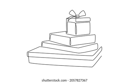 One continuous line drawing of Christmas gifts. Wrapped surprise boxes in simple doodle style. Thin liner vector illustration