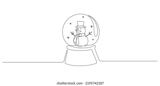 One Continuous Line Drawing Of Christmas Crystal Snow Globe With Snowman. Magic Glass Ball For Winter Xmas Holiday Concept In Simple Linear Style. Editable Stroke. Doodle Vector Illustration.