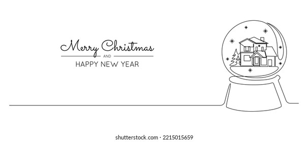 One Continuous Line Drawing Of Christmas Snow Globe With House Inside. Magic Glass Ball For Winter Xmas Holiday Concept In Simple Linear Style. Editable Stroke. Doodle Vector Illustration