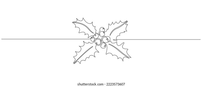 One continuous line drawing of Christmas Holly leaves. Festive aquifolium plant and berry in simple linear style. Template for greeting card, note cover, postcard, logo. Doodle vector illustration