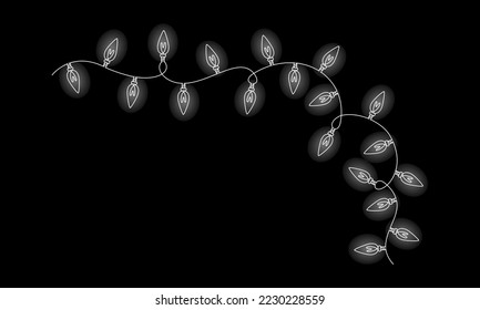 One continuous line drawing of Christmas garland with light bulbs. Festoon xmas string and divider border on black background in simple linear style. Editable stroke. Doodle vector illustration