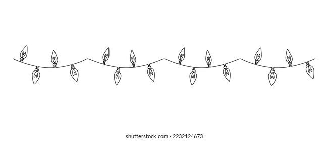 One continuous line drawing of Christmas garland with light bulbs. Festive festoon xmas string and divider border in simple linear style. Editable stroke. Doodle vector illustration