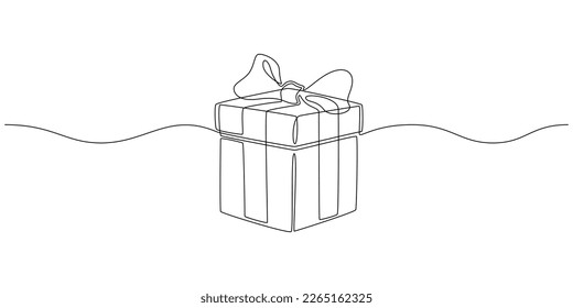 One continuous line drawing of Christmas Present box. Wrapped gift surprise and festive present with ribbon and bow icon in simple linear style. Editable stroke. Doodle outline vector illustration