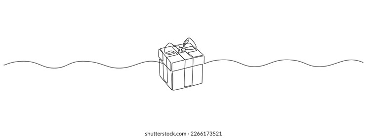 One Continuous line drawing of Christmas Present box with ribbon and bow. Festive gift and Wrapped birthday surprise package in simple linear style. Doodle vector illustration