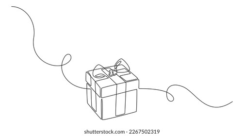 One Continuous line drawing of Christmas Present box with ribbon and bow. Festive gift and Wrapped birthday surprise package in simple linear style. Doodle editable stroke vector illustration