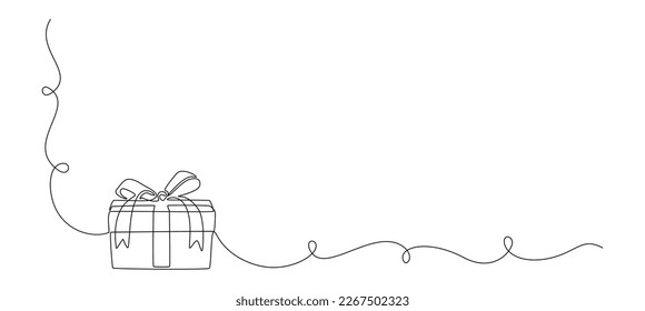 One Continuous line drawing of Christmas Present box with ribbon and bow. Festive gift and Wrapped birthday surprise package in simple linear style. Silhouette Doodle vector illustration